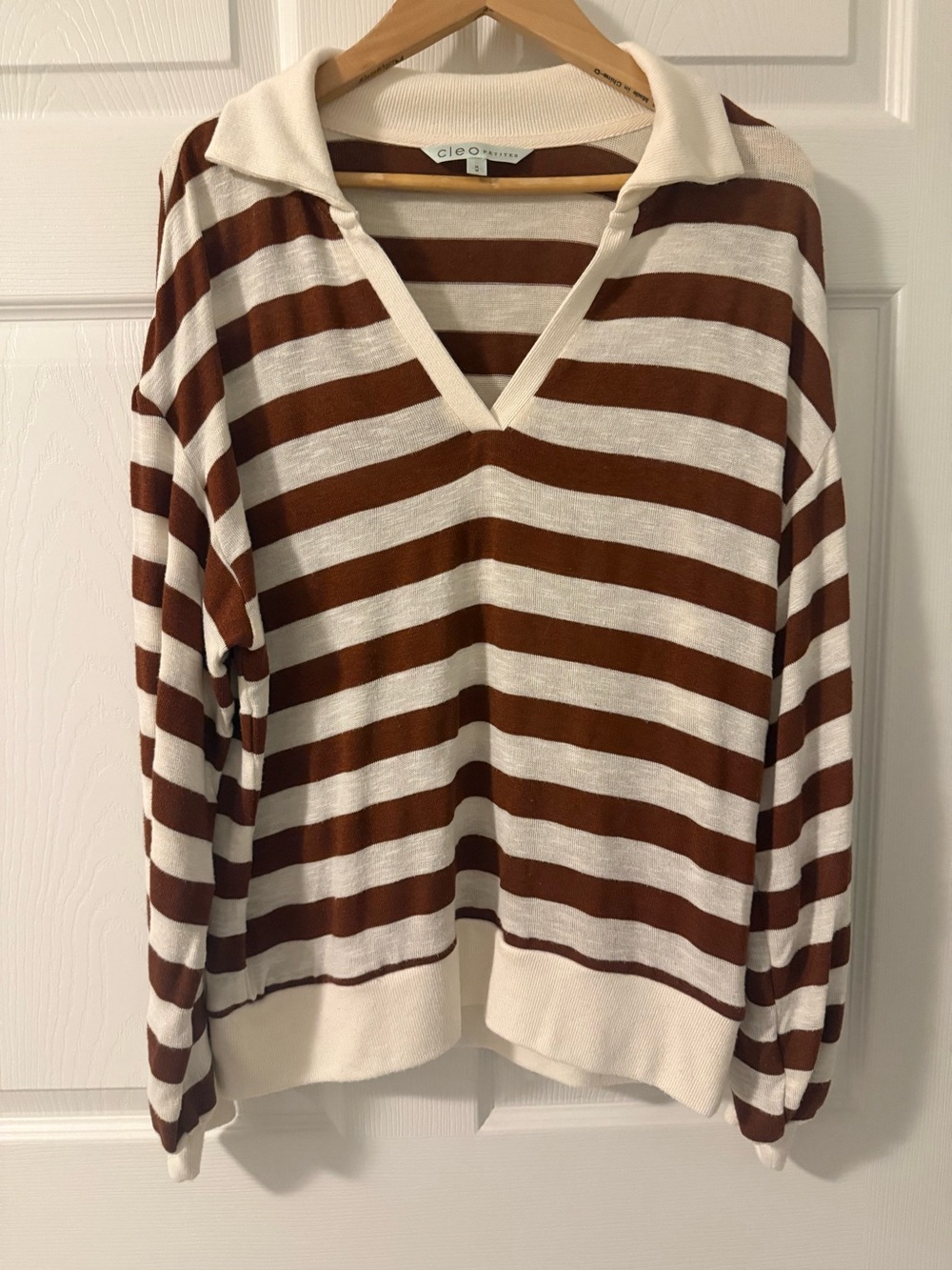 Cleo Petites Women’s M Camel Brown & Cream Striped Johnny Collar Knit Sweater